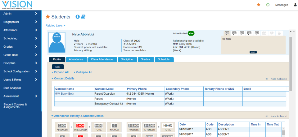 screenshot of Vision SIS